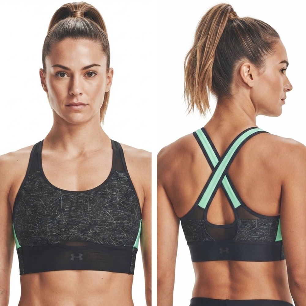 Under Armour Sports Bra Womens Medium Black Mint Green Crossback Compression